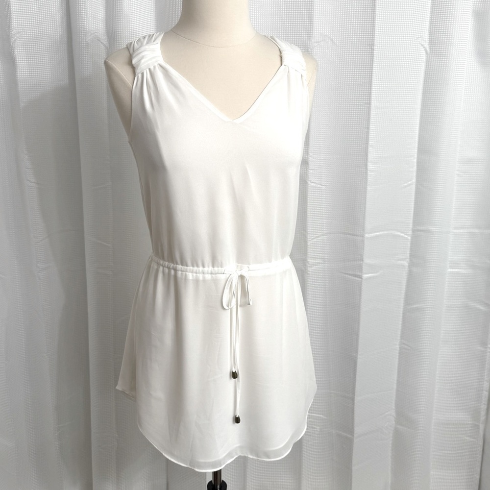 Naked Zebra Twisted Shoulder Drawstring Waist Mini Dress, White, Size S‎